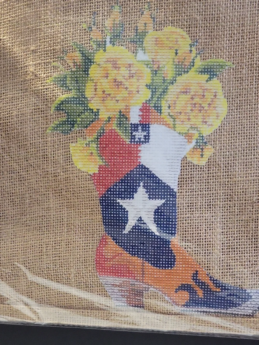 Natural Jute Tote Bag with Yellow Floral Boot Print T24